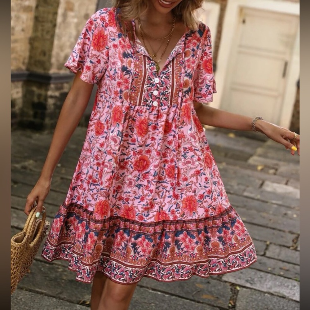 Floral Pink Boho Mini Dress